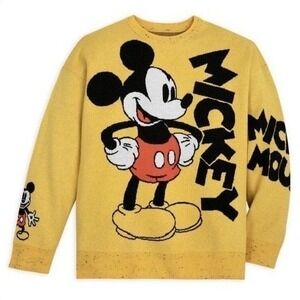 Disney Mickey Mouse Sweater 1X Yellow Graphic Intarsia Knit Retro Oversized